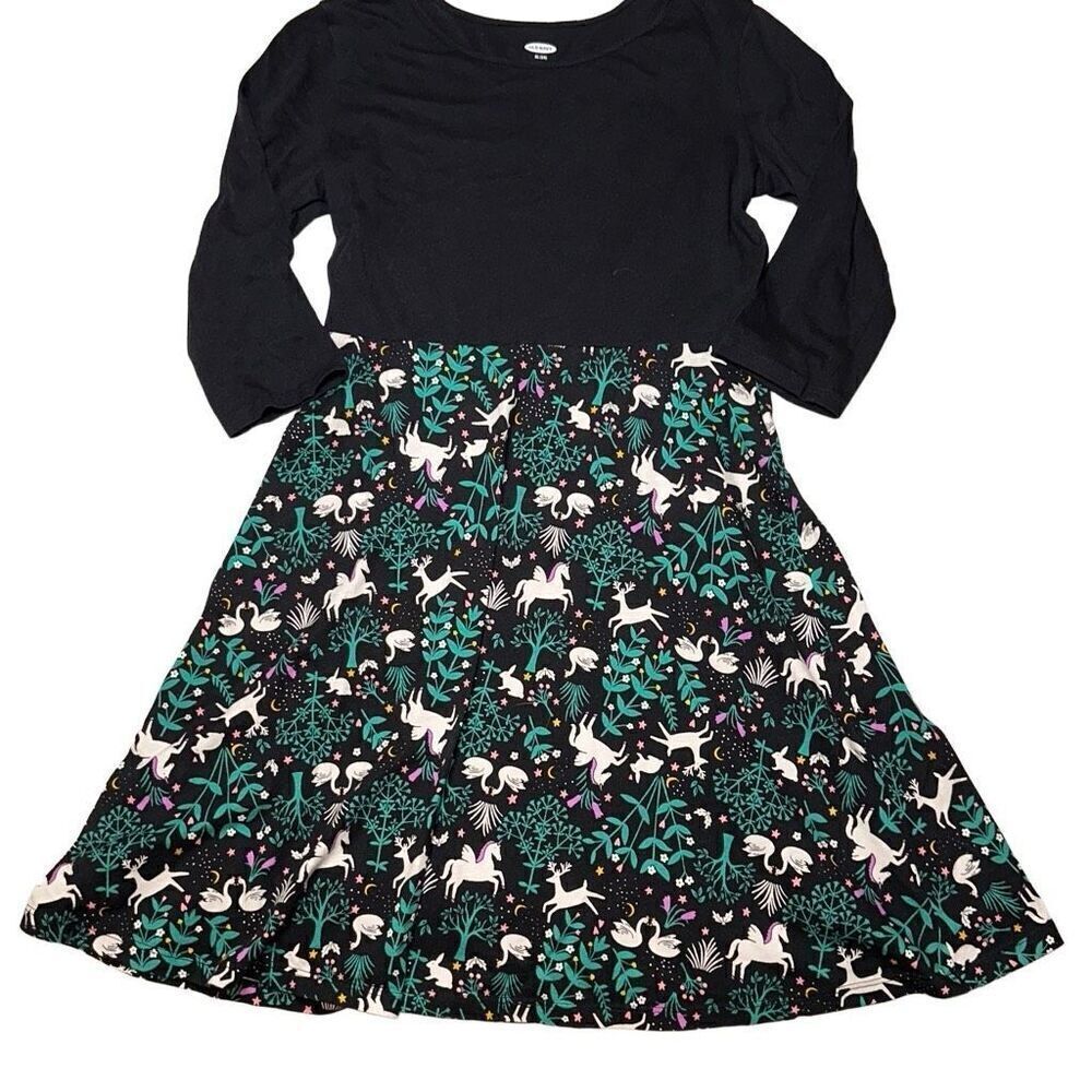 NWOT Old navy 3/4 sleeve whimsical unicorn, swan dress sz XL 14 black and green
